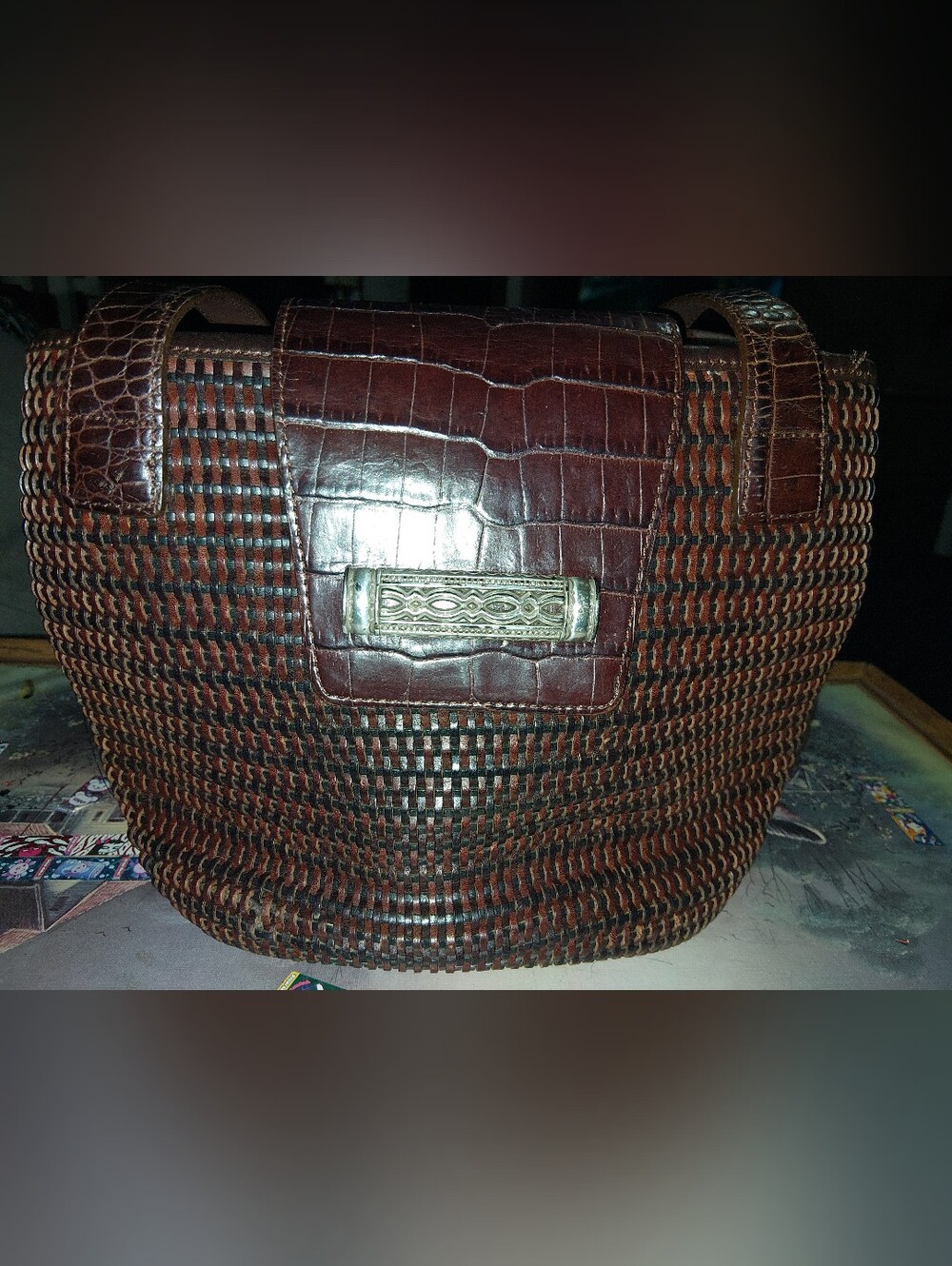 Brighton Dark Brown Woven Tote with Croc-Embossed Flap